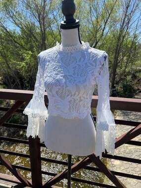 LOVESONG White Floral Lace Mock Neck Bell Sleeve Crop Top